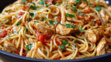 Chicken one pot spaghetti with tender pasta, juicy chicken, tomato sauce, and fresh herbs served in a skillet.