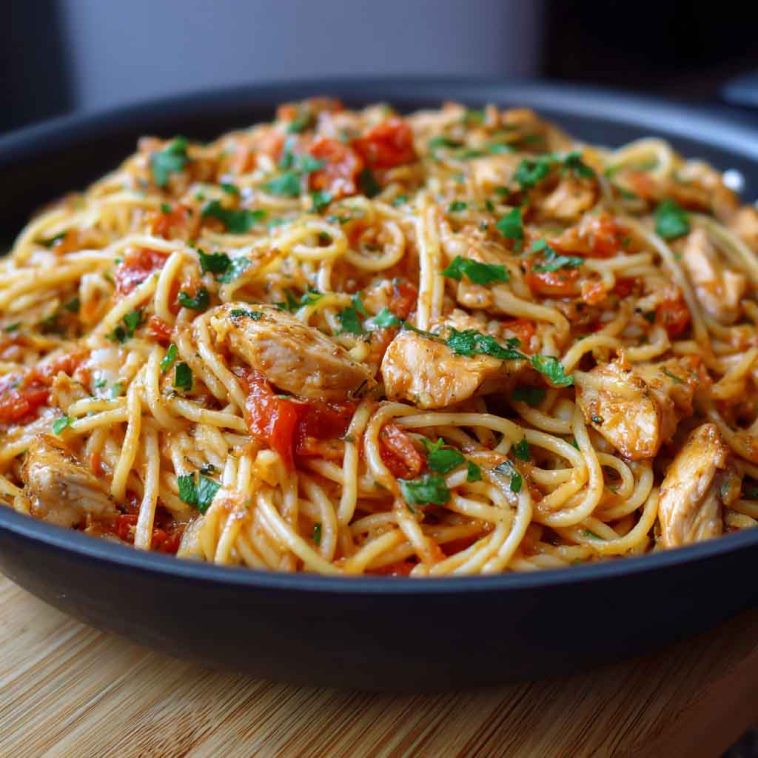 Chicken one pot spaghetti with tender pasta, juicy chicken, tomato sauce, and fresh herbs served in a skillet.