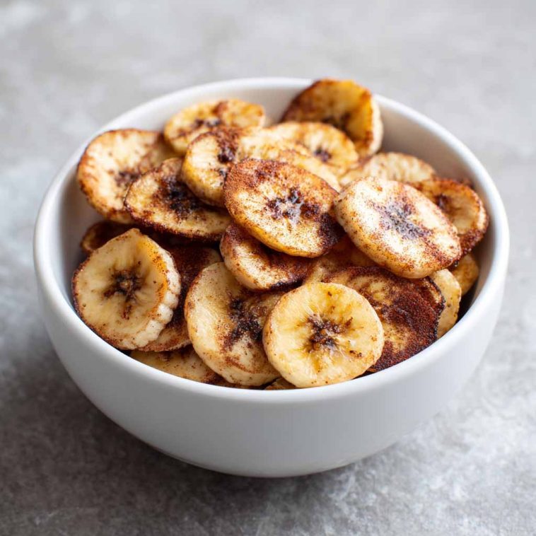 "A basket of crispy air fryer cinnamon banana chips served as a healthy snack."