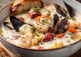 Bowl of Nova Scotia seafood chowder with shrimp, scallops, and fish in creamy broth