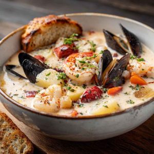 Bowl of Nova Scotia seafood chowder with shrimp, scallops, and fish in creamy broth