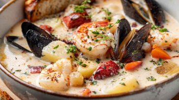 Bowl of Nova Scotia seafood chowder with shrimp, scallops, and fish in creamy broth