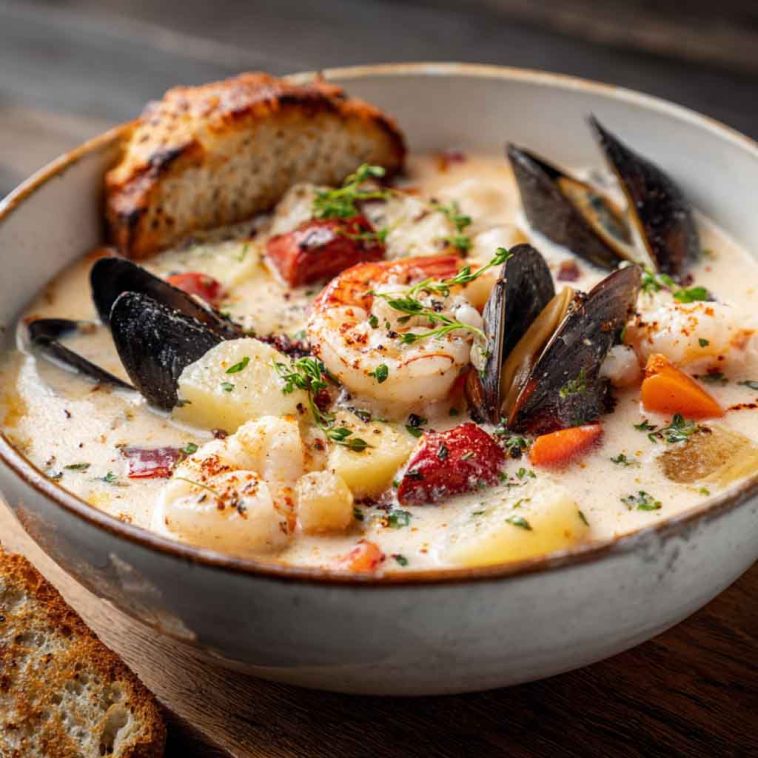 Bowl of Nova Scotia seafood chowder with shrimp, scallops, and fish in creamy broth