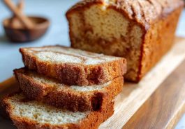 Sourdough discard cinnamon quick bread sliced with visible cinnamon swirl