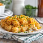 "Golden cheddar ranch chicken tater tot bake fresh from the oven, topped with melted cheese and crispy tater tots."