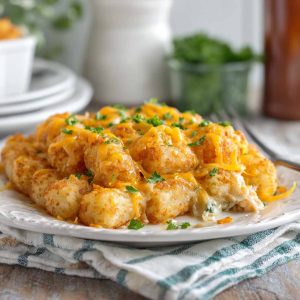 "Golden cheddar ranch chicken tater tot bake fresh from the oven, topped with melted cheese and crispy tater tots."