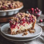 Cranberry cream cheese crumb pie with tart cranberries, creamy filling, and golden buttery crumb topping served on a holiday table.