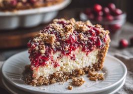 Cranberry cream cheese crumb pie with tart cranberries, creamy filling, and golden buttery crumb topping served on a holiday table.