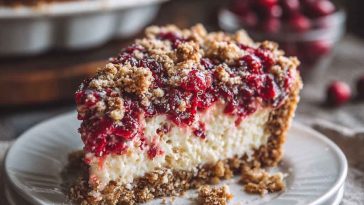 Cranberry cream cheese crumb pie with tart cranberries, creamy filling, and golden buttery crumb topping served on a holiday table.
