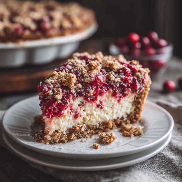 Cranberry cream cheese crumb pie with tart cranberries, creamy filling, and golden buttery crumb topping served on a holiday table.