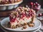 Cranberry cream cheese crumb pie with tart cranberries, creamy filling, and golden buttery crumb topping served on a holiday table.