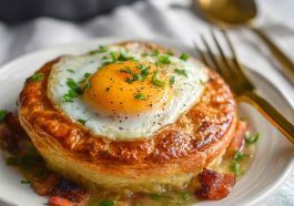 Rise and Shine breakfast pot pie filled with eggs, cheese, bacon, and vegetables baked in a golden flaky crust.