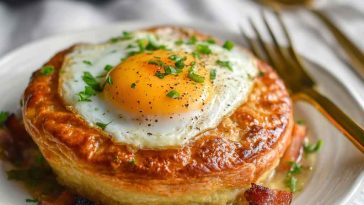 Rise and Shine breakfast pot pie filled with eggs, cheese, bacon, and vegetables baked in a golden flaky crust.