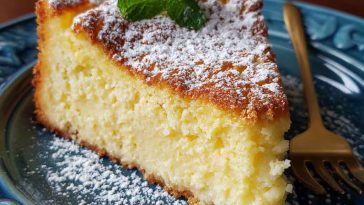 Italian lemon custard cake with a golden crust, creamy custard center, and dusting of powdered sugar served on a rustic plate.
