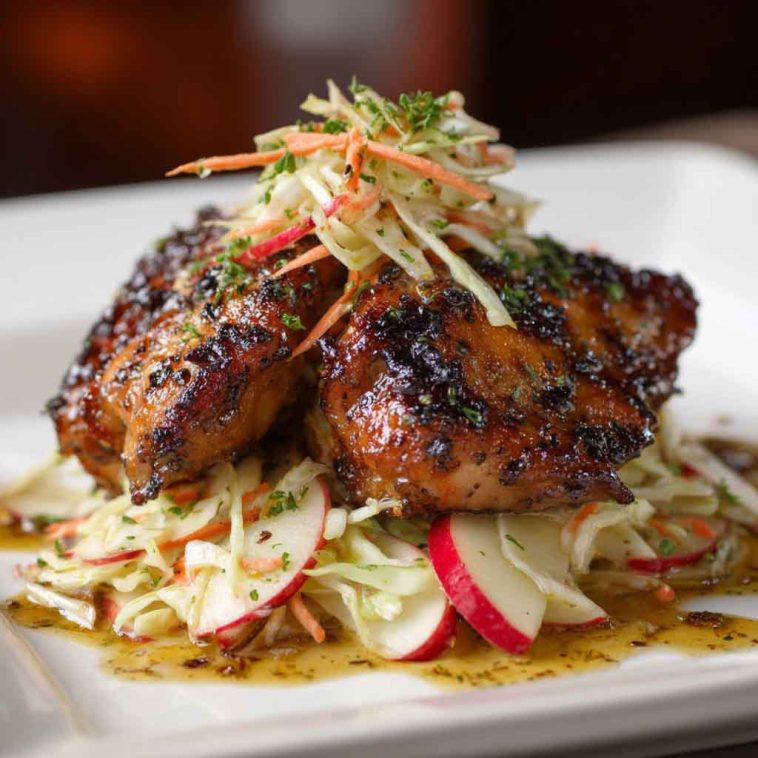 Sticky apple cider chicken glazed with sweet and tangy cider sauce, served alongside crisp autumn slaw with fresh apples and cabbage.