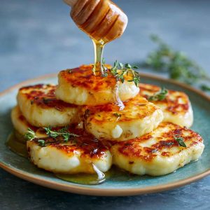 Grilled halloumi cheese drizzled with golden honey and sprinkled with fresh thyme, served on a rustic plate.