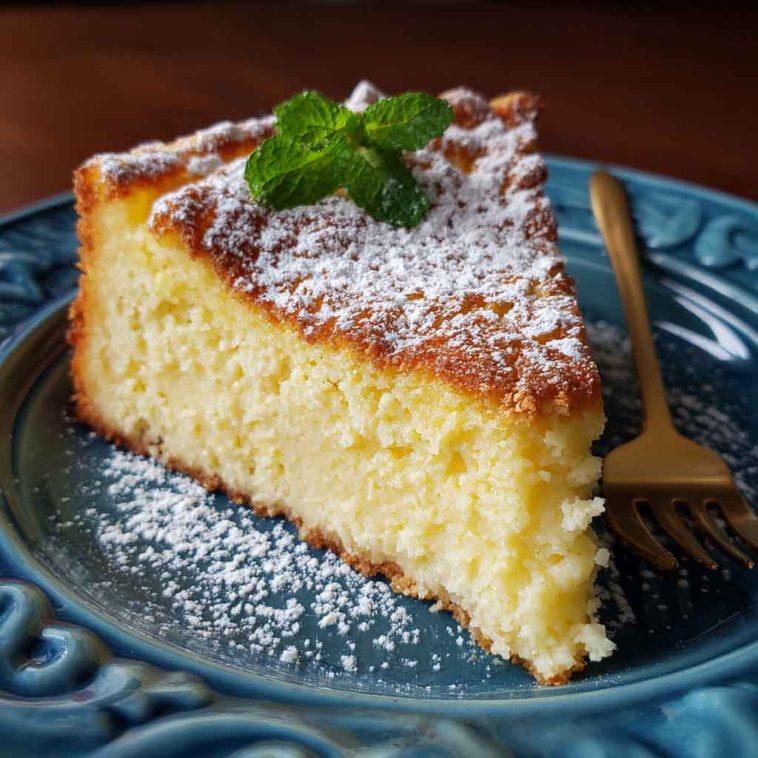 Italian lemon custard cake with a golden crust, creamy custard center, and dusting of powdered sugar served on a rustic plate.