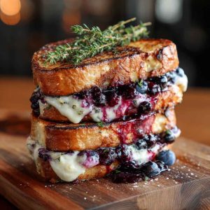 "A golden, crispy gourmet blueberry grilled cheese sandwich with melted brie and fresh blueberries."