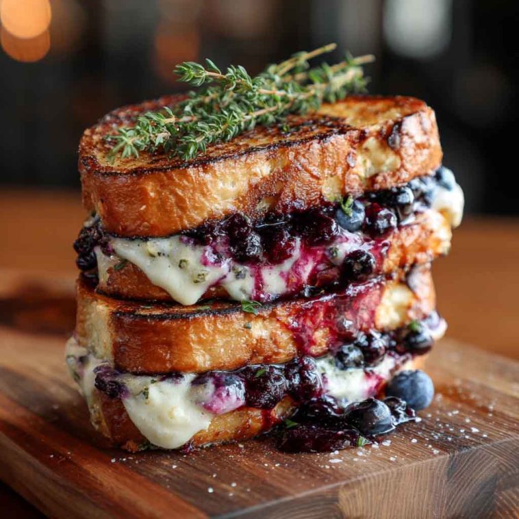 "A golden, crispy gourmet blueberry grilled cheese sandwich with melted brie and fresh blueberries."