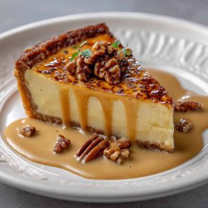 "A slice of creamy custard pie topped with rich praline sauce and crunchy pecans."