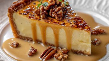 "A slice of creamy custard pie topped with rich praline sauce and crunchy pecans."