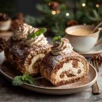 Festive tiramisu yule log cake with espresso-soaked sponge, mascarpone cream filling, cocoa dusting, and holiday decorations.