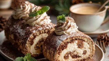Festive tiramisu yule log cake with espresso-soaked sponge, mascarpone cream filling, cocoa dusting, and holiday decorations.