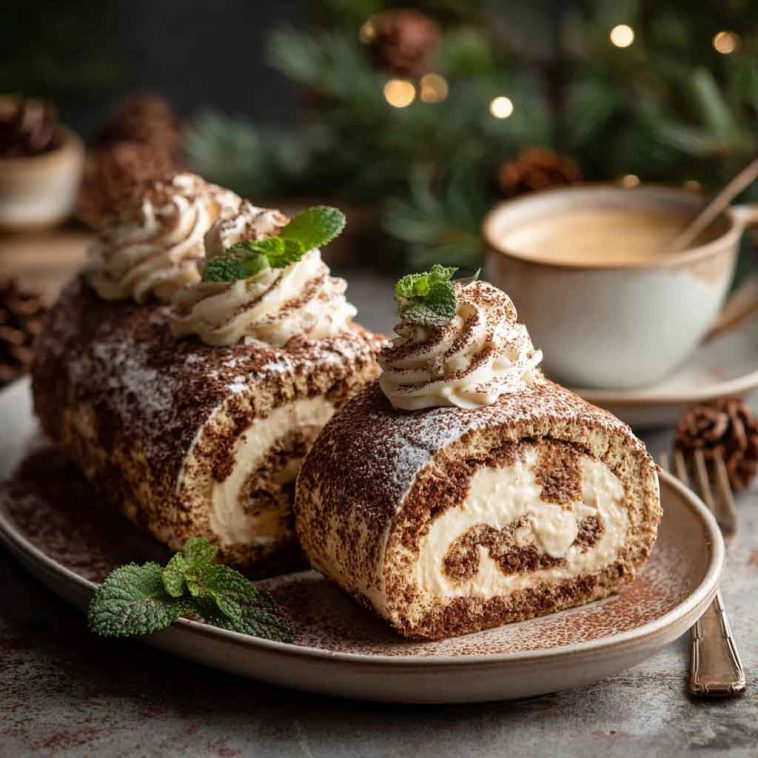 Festive tiramisu yule log cake with espresso-soaked sponge, mascarpone cream filling, cocoa dusting, and holiday decorations.