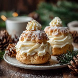 Festive eggnog cream puffs filled with rich eggnog custard, topped with powdered sugar, and served on a holiday platter.
