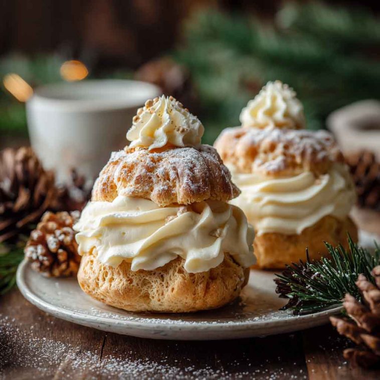 Festive eggnog cream puffs filled with rich eggnog custard, topped with powdered sugar, and served on a holiday platter.