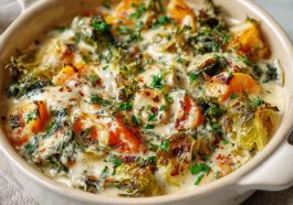 Creamy winter vegetable casserole baked with broccoli, cauliflower, carrots, and a cheesy sauce, served hot in a rustic dish.