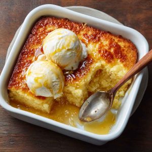 Golden baked magic lemon cobbler with a gooey lemon filling and a crisp buttery topping, served warm in a dish.