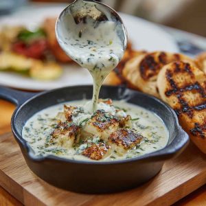 "A creamy homemade blue cheese sauce served in a small bowl, perfect for dipping or drizzling."