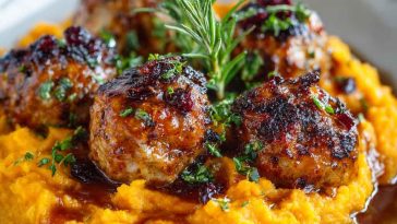 "A plate of juicy pork meatballs served over creamy sweet potato mash, drizzled with bourbon-maple sauce."