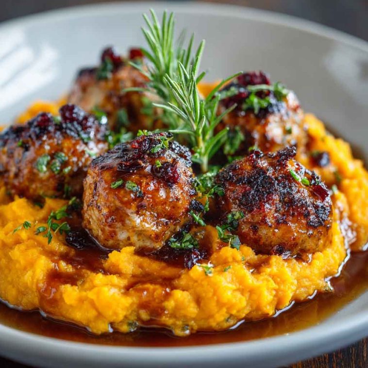 "A plate of juicy pork meatballs served over creamy sweet potato mash, drizzled with bourbon-maple sauce."