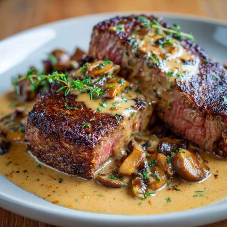 "A perfectly seared French steak topped with rich cognac cream sauce, garnished with fresh herbs."