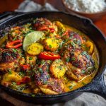 Brazilian coconut chicken served in a skillet with creamy coconut sauce and fresh herbs