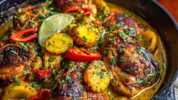 Brazilian coconut chicken served in a skillet with creamy coconut sauce and fresh herbs
