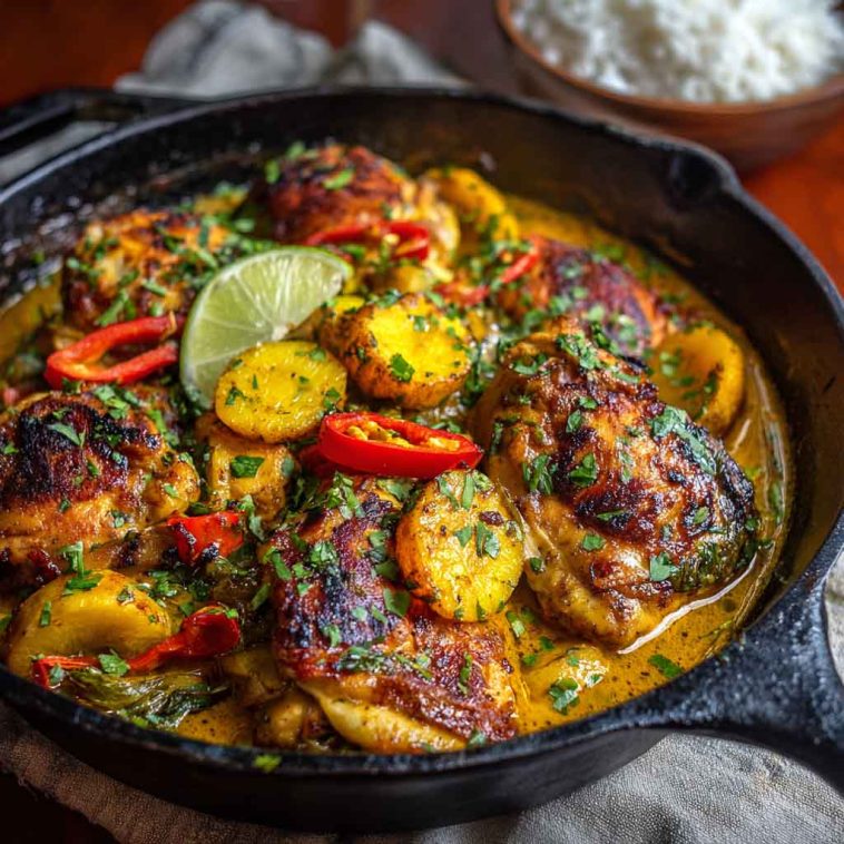 Brazilian coconut chicken served in a skillet with creamy coconut sauce and fresh herbs