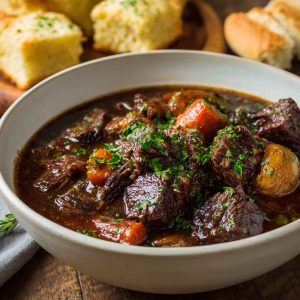 Rustic French-style beef stew simmered in red wine with carrots, onions, and herbs served in a cast-iron pot.
