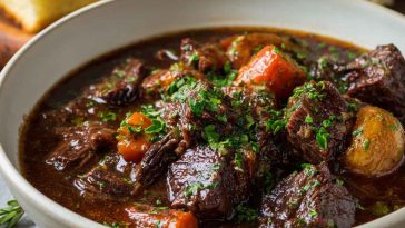 Rustic French-style beef stew simmered in red wine with carrots, onions, and herbs served in a cast-iron pot.