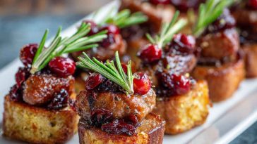 "Golden sheet pan smoked sausage cranberry bites topped with fresh herbs, served as a festive appetizer."