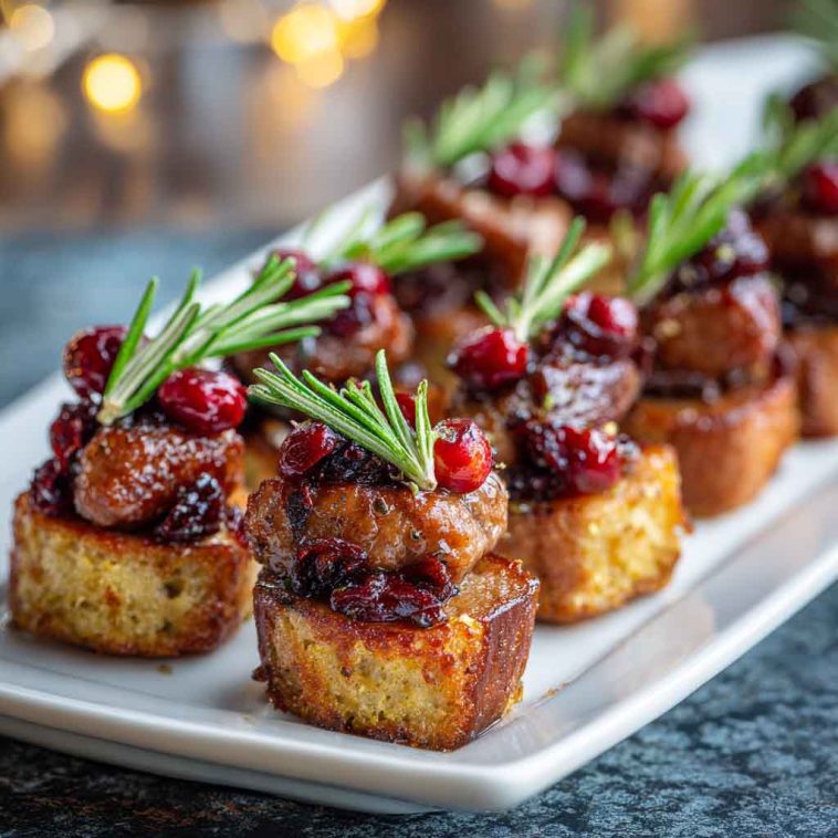 "Golden sheet pan smoked sausage cranberry bites topped with fresh herbs, served as a festive appetizer."
