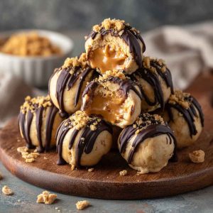 No-bake peanut butter cheesecake balls coated in chocolate and drizzled with peanut butter, served on a dessert tray.