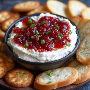 "Quick pepper jelly cream cheese appetizer dip and bite-sized servings topped with fresh herbs on a platter."