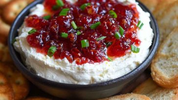 "Quick pepper jelly cream cheese appetizer dip and bite-sized servings topped with fresh herbs on a platter."