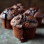 Double chocolate muffins with rich cocoa flavor, gooey melted chocolate chips, and a moist, fluffy texture served warm.
