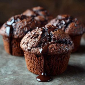 Double chocolate muffins with rich cocoa flavor, gooey melted chocolate chips, and a moist, fluffy texture served warm.