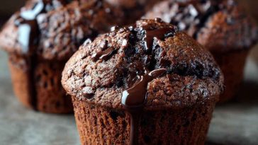 Double chocolate muffins with rich cocoa flavor, gooey melted chocolate chips, and a moist, fluffy texture served warm.