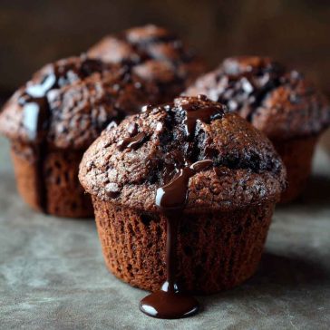 Double chocolate muffins with rich cocoa flavor, gooey melted chocolate chips, and a moist, fluffy texture served warm.